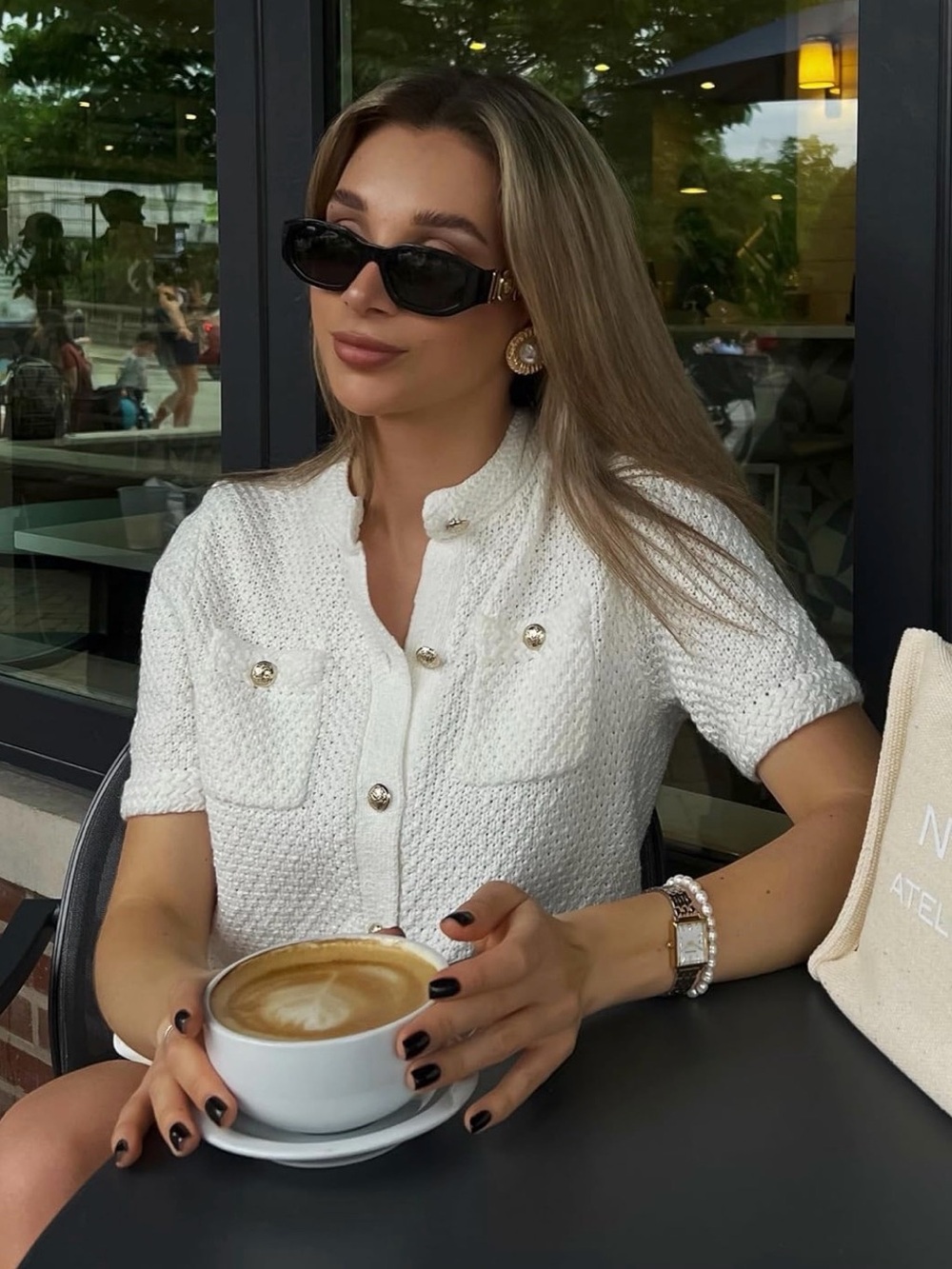 Cropped Short-Sleeve Knit Cardigan in Cream